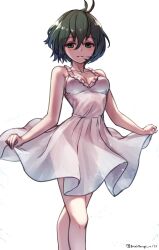 Rule 34 | 1girl, antenna hair, bare shoulders, black hair, blush, breasts, clothes lift, collarbone, crossed legs, curtsey, dress, dress lift, frilled dress, frills, grey eyes, highres, kaban (kemono friends), kemono friends, light smile, looking at viewer, medium breasts, riro (breakthrough rr), short hair, signature, sleeveless, sleeveless dress, smile, solo, sundress, white dress