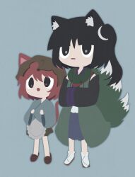 Rule 34 | 2others, adagumo no yaorochi, androgynous, animal ears, apron, atoymk, black eyes, black hair, black sleeves, blue background, blue kimono, blue skirt, brown footwear, brown skirt, cat ears, cat tail, closed mouth, coat, detached sleeves, fox ears, fox tail, green coat, green scarf, hands up, height difference, japanese clothes, katano sukune, kemonomimi mode, kimono, len&#039;en, long sleeves, multiple others, no lineart, open mouth, other focus, red eyes, red hair, scarf, short hair, side ponytail, simple background, skirt, sleeveless, sleeveless coat, slippers, tail, white apron, wide sleeves