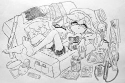 Rule 34 | + +, bag, bare legs, barefoot, black shorts, breasts, callie (splatoon), candy, carton, cephalopod eyes, character doll, chips (food), controller, couch, cross-shaped pupils, cup, drink, drinking glass, earrings, food, game controller, greyscale, hair down, handbag, hat, holding, inkling, isamu-ki (yuuki), jewelry, juice, long hair, marie (splatoon), mask, medium breasts, midriff, mole, mole under eye, monochrome, navel, nintendo, nintendo switch, nintendo switch dock, open mouth, orange juice, pillow, pizza, pizza box, pointy ears, potato chips, shirt, short sleeves, shorts, slippers, solo, squid girl, stomach, symbol-shaped pupils, television, tentacle hair, tentacles, traditional media, unworn hat, unworn headwear, unworn slippers, watch