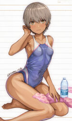 Rule 34 | 1girl, adjusting hair, armpits, bare legs, barefoot, blue one-piece swimsuit, bottle, breasts, brown eyes, collarbone, commentary, competition swimsuit, covered navel, dark-skinned female, dark skin, drink, grey hair, hair between eyes, highres, isshi pyuma, lined paper, looking at viewer, mole, mole under eye, on ground, one-piece swimsuit, original, short hair, sitting, small breasts, smile, solo, swimsuit, tomboy, towel, twitter username, two-tone swimsuit, very short hair, water bottle, white one-piece swimsuit, yokozuwari