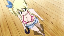 Rule 34 | 1girl, bikini, bikini top only, blonde hair, breasts, brown eyes, cleavage, denim, denim shorts, fairy tail, from above, highres, large breasts, legs, long hair, lucy heartfilia, mature female, shorts, swimsuit, whip, wooden floor