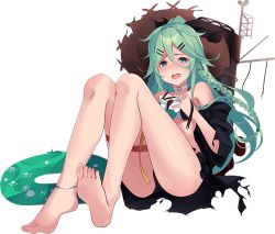 Rule 34 | 1girl, anklet, armlet, bare shoulders, barefoot, black ribbon, blue ribbon, defeat, full body, green eyes, green hair, hair between eyes, hair flaps, hair ornament, hair ribbon, hairclip, hat, innertube, jewelry, kantai collection, kujou ichiso, long hair, machinery, official art, open clothes, open robe, parted bangs, ponytail, ribbon, robe, sidelocks, solo, straw hat, swim ring, swimsuit, tears, third-party source, torn clothes, transparent background, yamakaze (kancolle), yamakaze kai ni (kancolle)