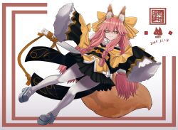 Rule 34 | 1girl, animal ear fluff, animal ears, b.d, bare shoulders, black skirt, bow, braid, breasts, fate/samurai remnant, fate (series), fox ears, fox girl, fox tail, full body, hair between eyes, hair bow, highres, japanese clothes, katana, kimono, long hair, looking at viewer, obi, off shoulder, pink hair, platform footwear, sash, sidelocks, skirt, small breasts, smile, solo, sword, tail, tamamo (fate), tamamo aria (fate), thighhighs, twintails, variant set, weapon, white thighhighs, wide sleeves, yellow bow, yellow eyes, yellow kimono