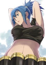 Rule 34 | 1girl, arms behind head, arms up, belt, black gloves, black tank top, blue eyes, blue hair, breasts, crop top, earrings, gas can, gloves, helping-hand, highres, jewelry, large breasts, leona heidern, looking at viewer, looking down, midriff, navel, open mouth, ponytail, short hair, short ponytail, solo, tank top, the king of fighters
