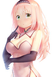 Rule 34 | 1girl, arm under breasts, bare shoulders, black gloves, blush, breasts, cleavage, covered navel, detached collar, dress, elbow gloves, finger to cheek, gloves, green eyes, hairband, highres, long hair, medium breasts, original, parted lips, pelvic curtain, pink hair, sidelocks, simple background, solo, white dress, zizi (zz22)