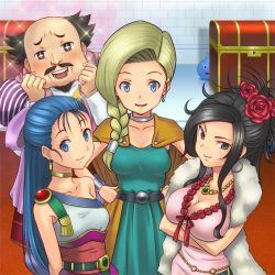 Rule 34 | 3girls, age difference, bianca (dq5), black hair, blonde hair, blue eyes, blue hair, bow, bracelet, braid, breasts, cape, choker, cleavage, crossed arms, deborah (dq5), dragon quest, dragon quest v, dress, earrings, father and daughter, feather boa, flora (dq5), flower, grey eyes, hair flower, hair ornament, hair over shoulder, half updo, hashi, jewelry, large breasts, long hair, ludman, mole, multiple girls, necklace, red flower, red rose, rose, siblings, single braid, sisters, slime (dragon quest), smile, sparkle, symbol-shaped pupils, treasure chest
