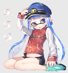 Rule 34 | 1girl, bad id, bad twitter id, bike shorts, blue eyes, blue hair, hand on headwear, hat, highres, inkling, inkling girl, inkling player character, long hair, mask, midriff, navel, nintendo, open mouth, pointy ears, shirt, shoes, short hair with long locks, shorts, sitting, solo, sprbouuz, tentacle hair, twintails