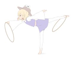 Rule 34 | 1girl, brown hat, commentary request, from side, full body, hat, moriya suwako, sakurea, simple background, solo, standing, standing on one leg, tagme, touhou, white background