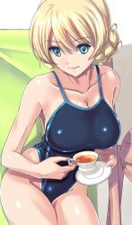 Rule 34 | 10s, 1girl, armpits, black tea, blonde hair, breasts, cleavage, collarbone, competition swimsuit, cup, darjeeling (girls und panzer), double bun, girls und panzer, green eyes, image sample, large breasts, nenchi, one-piece swimsuit, saucer, sitting, solo, swimsuit, tea, teacup