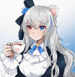 Rule 34 | 1girl, animal ears, arknights, bear ears, black hat, blue background, blue bow, blue bowtie, blue eyes, blue flower, blue hair, bow, bowtie, cup, flower, gradient background, grey hair, hair between eyes, hair flower, hair ornament, hat, heterochromia, highres, holding, holding cup, light blush, long hair, looking at viewer, mini hat, multicolored hair, nanatsuka, portrait, purple hair, red eyes, rosa (arknights), shirt, signature, simple background, smile, solo, streaked hair, teacup, wavy hair, white background, white shirt