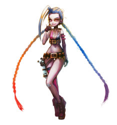 Rule 34 | 1girl, belt, blue hair, boots, braid, gloves, highres, jinx (league of legends), jungon kim, league of legends, long hair, pink eyes, simple background, single thighhigh, smile, solo, tattoo, thighhighs, twin braids, white background