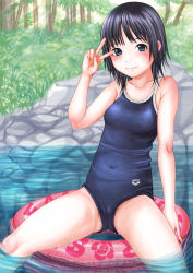 Rule 34 | 1girl, arena (company), black hair, blue eyes, blush, competition school swimsuit, day, innertube, neuron (exceed), one-piece swimsuit, outdoors, school swimsuit, short hair, smile, solo, swim ring, swimsuit, tree, v, water
