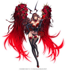 Rule 34 | 1girl, akasha (chaos online), black gloves, breasts, brown hair, chaos online, character request, choker, cleavage, company name, copyright name, elbow gloves, flower, full body, gloves, heart, highres, horns, large breasts, long hair, love cacao, navel, official art, red eyes, red flower, ribbon, simple background, solo, standing, standing on one leg, thighhighs, white background, wings