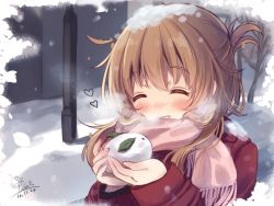 Rule 34 | 10s, 1girl, blush, brown hair, commentary request, dated, closed eyes, folded ponytail, inazuma (kancolle), kantai collection, mitsuki ponzu, scarf, signature, smile, snow, snow rabbit, snow on head, solo