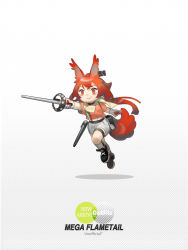 Rule 34 | 1girl, animal ears, arknights, black choker, black footwear, boots, character name, choker, commentary, crop top, english commentary, flametail (arknights), flametail (sport for all) (arknights), grey socks, grey shorts, highres, holding, holding sword, holding weapon, kneehighs, looking at viewer, midriff, navel, norizc, official alternate costume, orange eyes, orange shirt, rapier, red hair, shirt, short hair, short shorts, short sleeves, shorts, smile, socks, solo, sword, tail, thigh strap, weapon