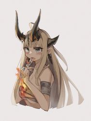 Rule 34 | 1girl, absurdres, arknights, bandaged arm, bandaged fingers, bandages, bare shoulders, blue eyes, blush, breasts, brown hair, cleavage, commentary, cropped torso, earrings, english commentary, fangs, fire, grey background, hands up, highres, horns, jewelry, long hair, looking at viewer, medium breasts, open mouth, pointy ears, reed (arknights), simple background, solo, tears, togekk0, upper body