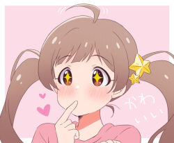 Rule 34 | + +, 1girl, ahoge, blush, border, brown eyes, brown hair, commentary request, dot nose, finger to mouth, goma konbu, hair ornament, hakozaki serika, hands up, heart, idolmaster, idolmaster million live!, lone nape hair, long hair, looking ahead, motion lines, outside border, pink background, pink shirt, portrait, raised eyebrows, shirt, solo, star (symbol), star hair ornament, swept bangs, tareme, twintails, white border