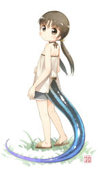 Rule 34 | 1girl, bare shoulders, blush, brown eyes, brown hair, kito (sorahate), long hair, low twintails, original, sandals, shorts, simple background, solo, tail, twintails, white background