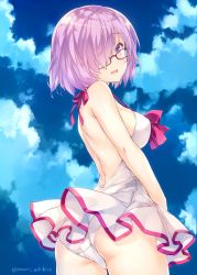 Rule 34 | 1girl, :d, amami mikihiro, artist name, ass, backless swimsuit, bad id, bad twitter id, black-framed eyewear, blue sky, breasts, casual one-piece swimsuit, cloud, cloudy sky, cowboy shot, day, fate/grand order, fate (series), from below, from side, hair over one eye, halterneck, highres, looking at viewer, mash kyrielight, mash kyrielight (swimsuit of perpetual summer), medium breasts, official alternate costume, one-piece swimsuit, open mouth, purple eyes, purple hair, short hair, sky, smile, solo, strap gap, swimsuit, twitter username, white one-piece swimsuit