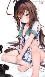 Rule 34 | 1girl, :t, absurdres, ahoge, barefoot, belt, blush, breasts, brown eyes, brown hair, dorsiflexion, feet, foot out of frame, frown, glaring, green sailor collar, highres, huge ahoge, kantai collection, knee up, kuma (kancolle), kuma kai ni (kancolle), legs, long hair, looking at viewer, medium breasts, miniskirt, mok4suke, pleated shorts, pleated skirt, pout, red ribbon, ribbon, sailor collar, sailor shirt, school uniform, serafuku, shirt, skirt, soles, solo, toes, torn clothes, torn shirt, torn skirt, translated, v-shaped eyebrows, white background, white belt, white shirt, white skirt