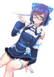 Rule 34 | 1girl, adapted costume, aekun cben, alternate costume, arm support, belt pouch, black-framed eyewear, blue dress, blue eyes, blue ribbon, blush, cowboy shot, detached collar, detached sleeves, dress, enmaided, fingernails, flat chest, glasses, hand up, headgear, highres, hololive, invisible chair, light smile, logo, looking at viewer, maid, pouch, puffy sleeves, purple hair, ribbon, semi-rimless eyewear, short hair, simple background, sitting, solo, thigh strap, tray, tsurime, under-rim eyewear, virtual youtuber, white background, a-chan (hololive)