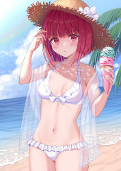 Rule 34 | 1girl, arima kana, arm up, beach, bikini, blue sky, blush, breasts, cloud, cloudy sky, commentary, commentary request, day, double scoop, flower, food, frilled bikini, frills, hat, hat flower, highres, holding, holding food, horizon, ice cream, ice cream cone, izumo neru, lens flare, looking at viewer, navel, ocean, oshi no ko, outdoors, palm tree, parted lips, red eyes, red hair, sand, see-through, short hair, sky, small breasts, solo, straw hat, sweatdrop, swimsuit, tree, water, white bikini, white flower