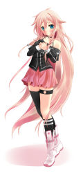 Rule 34 | 1girl, absurdly long hair, absurdres, aqua eyes, bare shoulders, black socks, blonde hair, blush, boots, breasts, choker, closed mouth, collarbone, full body, hands on own chest, highres, ia (vocaloid), ifnil, kneehighs, long hair, looking away, pink hair, pink skirt, skirt, small breasts, socks, solo, thighhighs, very long hair, vocaloid, white footwear