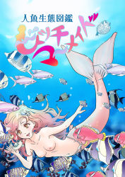 Rule 34 | 1girl, breasts, cover, cover page, fins, fish, fish tail, highres, loincloth, long hair, marikei0109, marinoe, mermaid, monster girl, nipples, nude, open mouth, original, pink hair, seashell bikini, small breasts, smile, tail, title, topless, translation request, underwater, yellow eyes
