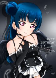 Rule 34 | 1girl, absurdres, artist name, artist request, bare shoulders, black bow, black dress, black gloves, black skirt, black thighhighs, black wings, blue hair, blush, bow, breasts, buttons, cleavage, collarbone, cross-laced clothes, cross-laced dress, dress, elbow gloves, female focus, frilled dress, frills, gloves, hair bun, hand on own chest, highres, long hair, looking at viewer, love live!, love live! school idol festival, love live! sunshine!!, medium breasts, mp4 13c nobu, bowtie, nochan cho noda, parted lips, purple eyes, single hair bun, skirt, smile, solo, thighhighs, tsushima yoshiko, white skirt, wings