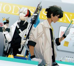 Rule 34 | 2boys, arknights, arm support, black hair, black shirt, clipboard, closed mouth, commentary request, dark-skinned male, dark skin, double scoop, elysium (arknights), food, gloves, highres, holding, holding food, ice cream, ice cream cone, jacket, looking away, male focus, multicolored hair, multiple boys, open clothes, open jacket, parted lips, profile, red eyes, red hair, shirt, streaked hair, thorns (arknights), triangular1116, vial, white eyes, white gloves, white hair, white jacket