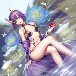 Rule 34 | 1girl, alcohol, bare legs, bare shoulders, blue flower, blue sky, bob cut, breasts, bug, butterfly, collarbone, crossed arms, crossed legs, cup, day, dutch angle, eyeshadow, fate/grand order, fate (series), flower, fog, fogriver, gem, glint, glowing butterfly, halterneck, head tilt, headpiece, holding, holding cup, horns, insect, japanese clothes, kimono, light particles, lips, lipstick, looking at viewer, makeup, nail polish, navel, off shoulder, oni, outdoors, parted lips, purple eyes, purple hair, purple kimono, purple nails, red lips, revealing clothes, sakazuki, sake, short hair, shuten douji (fate), shuten douji (first ascension) (fate), signature, sitting, skin-covered horns, sky, small breasts, smile, soaking feet, solo, sparkle, stomach, stone lantern, water