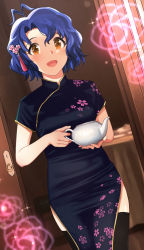 Rule 34 | 1girl, :d, antenna hair, black dress, black thighhighs, blue hair, breasts, china dress, chinese clothes, dress, floral print, hair between eyes, hair ornament, hanamasa ono, highres, idolmaster, idolmaster million live!, indoors, light blush, looking at viewer, medium breasts, open mouth, orange eyes, parted bangs, short hair, short sleeves, side slit, smile, solo, sparkle, table, tablecloth, teapot, thighhighs, toyokawa fuka