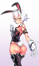 Rule 34 | 1girl, animal ears, arm belt, ass, bare shoulders, black panties, blush, breasts, chiku (gesu), detached collar, facial scar, fake animal ears, fake tail, fate/grand order, fate (series), gradient background, green eyes, hair between eyes, jack the ripper (fate/apocrypha), leotard, light smile, looking at viewer, looking back, necktie, panties, playboy bunny, rabbit ears, rabbit tail, red necktie, scar, scar across eye, scar on cheek, scar on face, shiny skin, shoulder tattoo, silver hair, small breasts, solo, standing, strapless, tail, tattoo, underwear, wrist cuffs