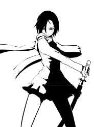 Rule 34 | 1girl, black hair, blending, dogs: bullets &amp; carnage, drawing sword, fuyumine naoto, glint, greyscale, hair between eyes, high contrast, holding, holding sword, holding weapon, katana, looking at viewer, monochrome, sate, scarf, sheath, short hair, simple background, skirt, solo, sword, unsheathing, weapon, white background