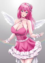 Rule 34 | 1girl, absurdres, angel wings, bare shoulders, braid, breasts, cleavage, collarbone, cowboy shot, dorothy (nikke), dorothy (nostalgia) (nikke), dress, feathered wings, frilled dress, frills, goddess of victory: nikke, grey background, hair bun, hair ribbon, highres, large breasts, light blush, long hair, looking at viewer, official alternate costume, parted lips, pink dress, pink hair, pink nails, purple eyes, rainbow, ramiki (ramesgoag), ribbon, solo, white ribbon, white wings, wings, wrist cuffs