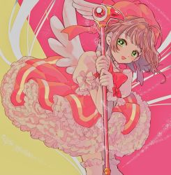 Rule 34 | 1girl, amaharu wasure, antenna hair, bow, brown hair, cardcaptor sakura, commentary, dress, frilled dress, frills, fuuin no tsue, gloves, green eyes, highres, kinomoto sakura, leaning forward, magical girl, open mouth, petticoat, pink dress, pink headwear, puffy short sleeves, puffy sleeves, red bow, short hair, short sleeves, smile, solo, symbol-only commentary, thighhighs, too many, too many frills, wand, white bow, white gloves, white thighhighs, white wings, wings