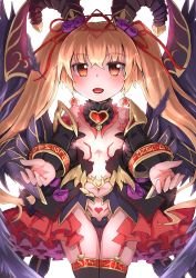 Rule 34 | 1girl, black wings, blonde hair, blush, breasts, clothing cutout, commentary request, daierie, demon horns, dress, earrings, feathers, flower, frilled dress, frills, garter straps, gluteal fold, hair flower, hair ornament, hair ribbon, hexagram, highres, horns, jewelry, long hair, navel, navel cutout, open mouth, orange eyes, paphiria (sennen sensou aigis), ribbon, sennen sensou aigis, small breasts, solo, thigh gap, thighhighs, thong, twintails, wings