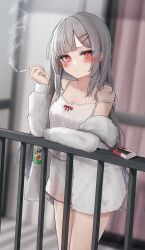 Rule 34 | 1girl, balcony, bare shoulders, beer can, blush, breasts, camisole, can, cigarette, cigarette pack, cleavage, collarbone, cowboy shot, drink can, grey hair, hair ornament, hairpin, highres, holding, holding can, holding cigarette, lighter, long hair, long sleeves, medium breasts, no pants, on railing, open clothes, open shirt, original, outdoors, railing, red eyes, shirt, smoke trail, smoking, solo, straight hair, strap slip, tanshio, white camisole, white shirt, zippo lighter