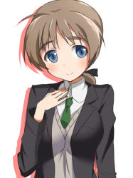 Rule 34 | 1girl, ahoge, aiueo, blazer, blue eyes, brown hair, hand on another&#039;s chest, hand on own chest, jacket, lynette bishop, necktie, simple background, smile, solo, strike witches, sweater, v-neck, world witches series