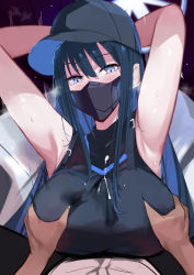 Rule 34 | 1boy, 1girl, armpits, arms up, baseball cap, black hair, black headwear, black mask, black shirt, blue archive, blue eyes, breasts, chest harness, crop top, cum, cum on body, ejaculation under clothes, grabbing, grabbing another&#039;s breast, halo, harness, hat, hetero, highres, long hair, mask, mouth mask, muoto, paizuri, paizuri under clothes, saori (blue archive), shirt, sleeveless, sleeveless shirt, sweat