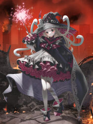 Rule 34 | 1girl, barbed wire, black cape, black dress, black footwear, building, candle, cape, cross, dairoku ryouhei, dress, frills, full body, grey eyes, hand up, hat, hat belt, highres, light brown hair, long hair, magic, pantyhose, pink dress, red sky, sky, skyscraper, snake hair, solo, standing, virginia luxuria, wand, white pantyhose, witch hat, yuuhi7