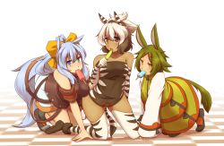 Rule 34 | 3girls, all fours, animal ears, animal print, black hair, blue eyes, blue hair, boots, bow, breasts, checkered floor, dark-skinned female, dark skin, detached sleeves, dress, dyed bangs, elbow gloves, floor, food, gloves, green dress, green hair, hair bow, hair ornament, hairclip, ice cream, kneeling, kuromiya, large breasts, licking, long hair, mouth hold, multicolored hair, multiple girls, open mouth, original, ponytail, popsicle, red eyes, shimamiya mayuki, short hair, shorts, simple background, sleeves past wrists, souma ren, tail, thighhighs, tongue, two-tone hair, white hair, yellow eyes, zebra print