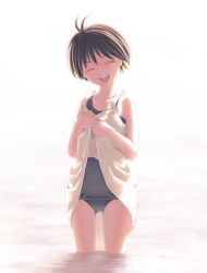 Rule 34 | 00s, 1girl, antenna hair, black one-piece swimsuit, brown hair, clothes lift, dress, dress lift, closed eyes, female focus, idolmaster, idolmaster (classic), idolmaster 1, kikuchi makoto, nekopuchi, one-piece swimsuit, open mouth, partially submerged, school swimsuit, short hair, solo, swimsuit, swimsuit under clothes, wading, water, white background