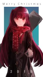 Rule 34 | 1girl, 2018, absurdres, bad id, bad pixiv id, bag, blue background, brown hair, brown jacket, cizzi, commentary, english commentary, fringe trim, girls&#039; frontline, gloves, grey gloves, highres, holding, jacket, long hair, long sleeves, looking at viewer, merry christmas, official alternate costume, one side up, parted lips, plastic bag, red eyes, red scarf, scarf, shopping bag, smile, solo, two-tone background, very long hair, wa2000 (date in the snow) (girls&#039; frontline), wa2000 (girls&#039; frontline), white background