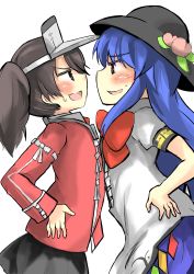 Rule 34 | 10s, 2girls, blue hair, blush, breast press, brown eyes, brown hair, crossover, eye contact, flat chest, food, fruit, gaoo (frpjx283), hand on own hip, hat, highres, hinanawi tenshi, japanese clothes, kantai collection, kariginu, long hair, long sleeves, looking at another, multiple girls, open mouth, peach, red eyes, ryuujou (kancolle), short sleeves, sideways mouth, skirt, sweatdrop, symmetrical docking, touhou, trait connection, twintails, visor cap, white background