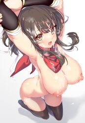 Rule 34 | 1girl, absurdres, armor, armpits, arms up, asuka (senran kagura), bandaged arm, bandages, black hair, black thighhighs, blush, breasts, brown eyes, bukkake, cum, cum on body, cum on breasts, cum on clothes, cum on hair, cum on upper body, cum string, facial, gradient background, grey background, hair ribbon, highres, hong (white spider), japanese armor, kote, kurokote, large breasts, looking at viewer, nipples, nude, open mouth, paid reward, ponytail, red scarf, ribbon, scarf, senran kagura, senran kagura shoujo-tachi no shin&#039;ei, shiny skin, short hair, short ponytail, solo, standing, stretching, thighhighs, tongue, white background, white ribbon
