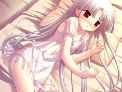 Rule 34 | 00s, 1girl, bed, blush, bow, bow panties, flat chest, game cg, happiness!, ko~cha, lingerie, long hair, lying, nightgown, on side, panties, pillow, pink panties, red eyes, see-through, shikimori ibuki, solo, underwear, white hair
