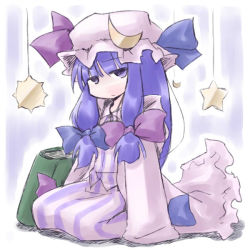 Rule 34 | 1girl, blue hair, crescent, female focus, hat, kugelschreiber, long hair, looking at viewer, mob cap, patchouli knowledge, purple eyes, sitting, solo, star (symbol), touhou