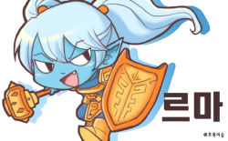 Rule 34 | 1girl, :d, armor, blue skin, chibi, colored skin, fang, green dew, hammer, korean text, league of legends, open mouth, pointy ears, poppy (league of legends), shadow, shield, smile, solo, twintails, war hammer, warhammer, weapon, white hair, yordle