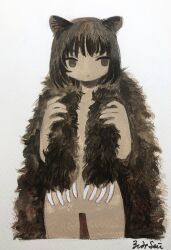 Rule 34 | 1girl, animal ears, bear ears, bear girl, bear pelt, brown eyes, brown hair, closed eyes, clothes on shoulders, commentary request, cropped legs, expressionless, gradient background, hands up, highres, holding, no pupils, no sclera, nude, original, painting (medium), short hair, sideways glance, signature, solo, traditional media, white background, zinbei